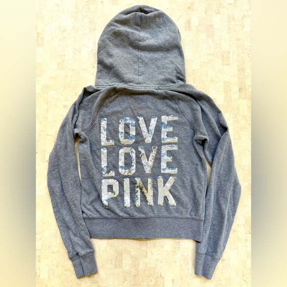 PINK Victoria's Secret Tops - PINK Y2K Victorias Secret Gray Silver Sequin Bling LOVE Zip Sweater Hoodie XS